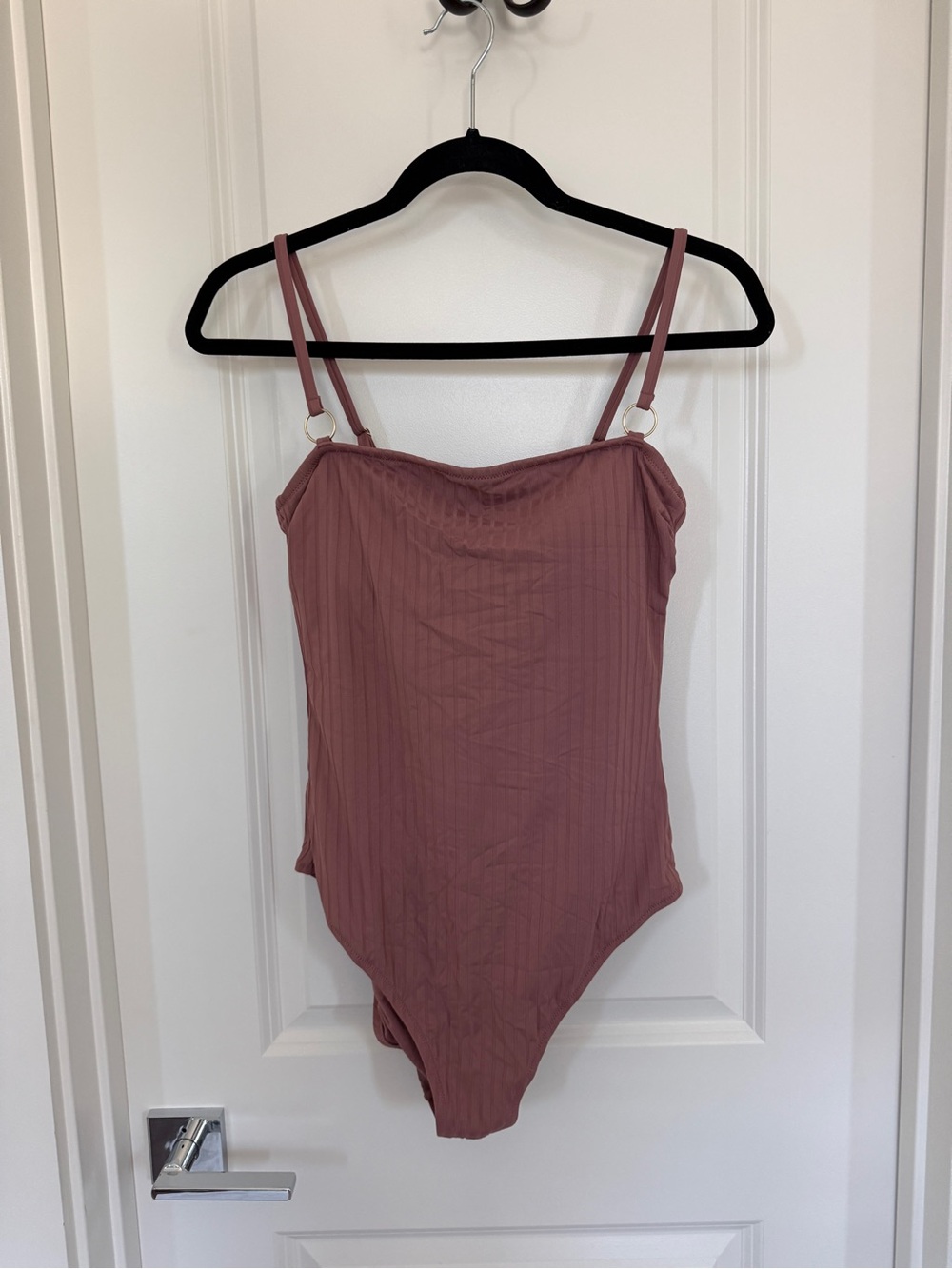 Shade & Shore Dusty Rose Ribbed Bodysuit with Gold Rings